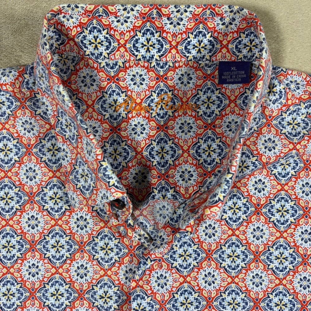 Alan Flusser Mens XL Short Sleeve Button‎ Down Shirt Geometric Print 100% Cotton - Picture 2 of 5